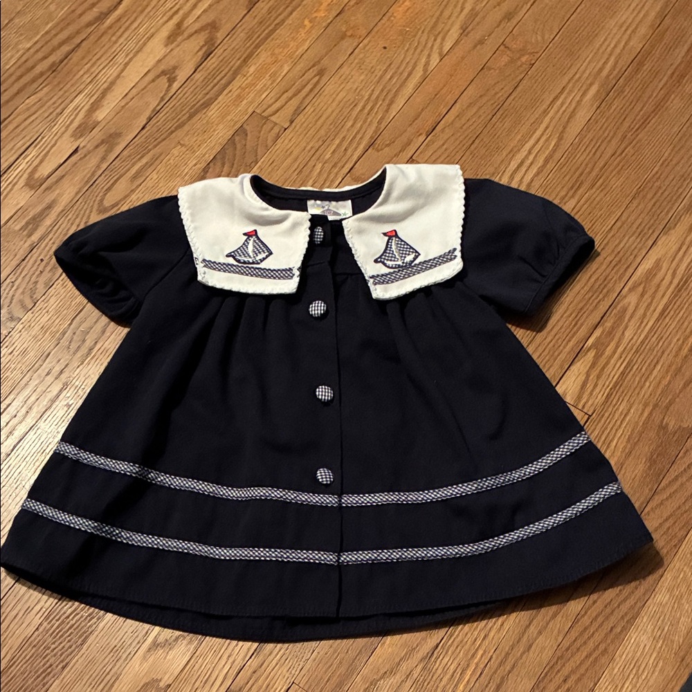 Vintage Navy Blue Kids Casual Dress with Sailor Collar with Gingham Trims